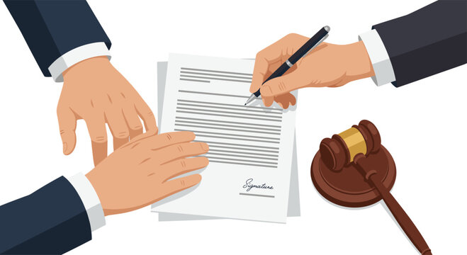 A detailed close-up view captures professional hands in dark suits signing a formal legal document placed next to the traditional wooden judge's gavel.