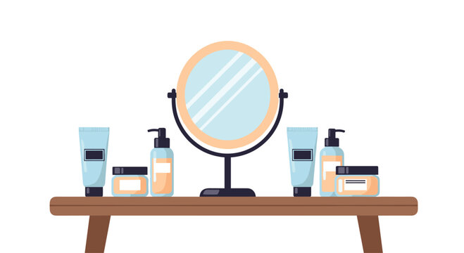 A stylish round vanity mirror with a black frame stands elegantly on a wooden table surrounded by various blue and peach cosmetic bottles and glass jars.