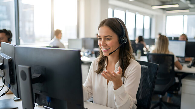 Smiling female call center agent wearing a headset, providing excellent customer support in a modern office