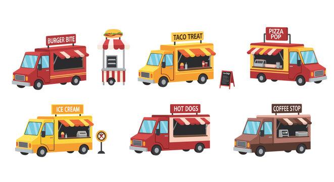 Vibrant collection of flat vector food trucks and a mobile burger stand featuring colorful designs for pizza, tacos, hot dogs, and coffee food services.