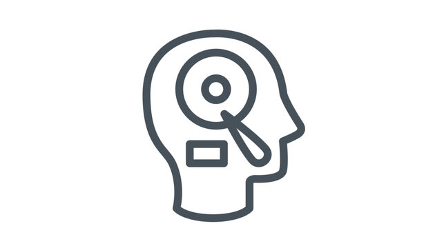 Minimalist black vector icon illustration of a human head profile with a magnifying glass searching inside, representing mental analysis, focus, psychology, vision, and cognitive observation.