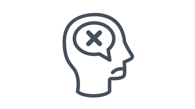 Minimalist vector icon illustration of a human head profile with a sad expression and a speech bubble containing an X cross symbol, representing negative thoughts, mental health, or pessimism.