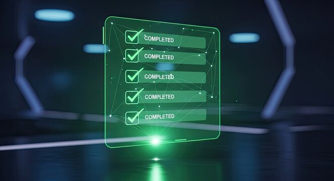 Futuristic digital checklist interface with glowing green checkmarks and data