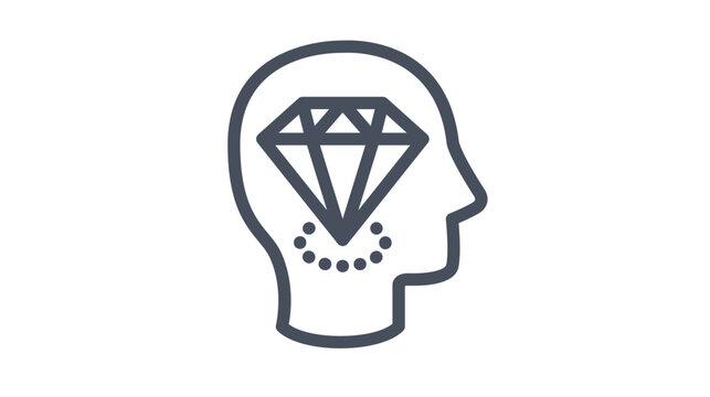 Human head profile silhouette with a diamond gemstone inside, representing brilliant ideas, mental clarity, and intellectual value. Minimalist vector icon illustration for creative concepts.