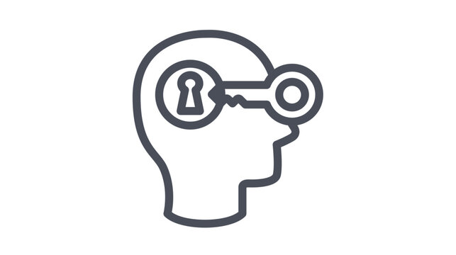 Vector illustration of a minimalist black line icon depicting a human head profile with a keyhole and a key, symbolizing unlocking potential, mental health, psychology, and creative ideas.