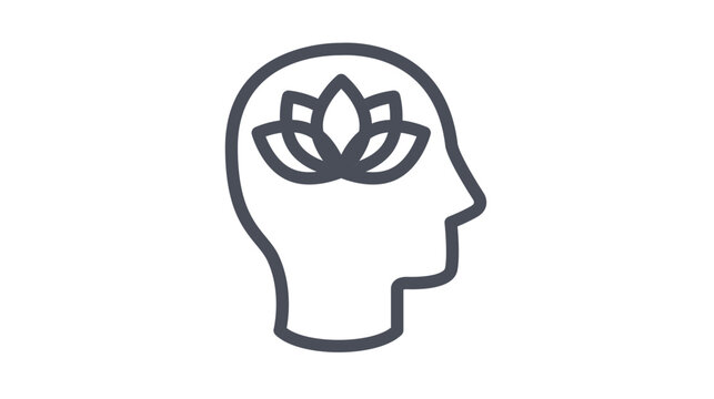 Mindfulness and Mental Health Concept Vector Icon Illustration Featuring a Human Head Profile with a Lotus Flower Inside the Brain Area for Meditation, Zen, Spiritual Wellness, and Psychology.