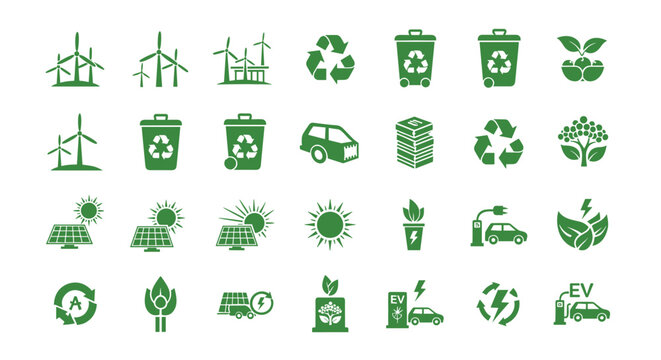 Extensive collection of twenty-eight monochrome green environmental icons showcasing electric vehicles and renewable energy sources arranged neatly on a white background.