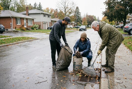 Diverse Neighbors Cleaning Autumn Leaves from Storm Drain