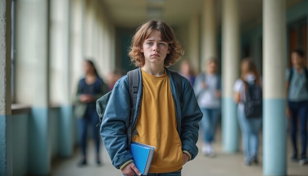 Sad student with backpack and book walks alone in school hallway. Other kids pass by in background. Teenager feels lonely, excluded from group, ignored by peers.