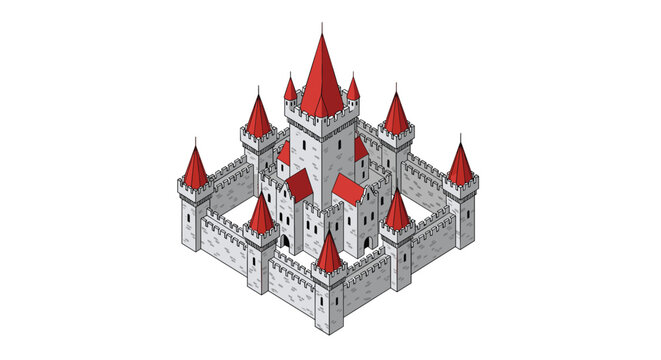 Pristine minimalist isometric castle featuring clean gray stone walls and multiple sharp red spires arranged in a perfectly symmetrical square layout.