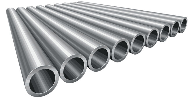 Multiple long hollow industrial steel pipes are arranged in a precise diagonal row showing a clean metallic finish under bright studio lighting conditions.