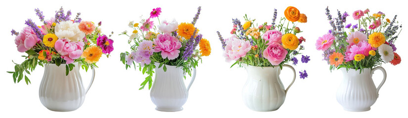 Fototapeta premium PNG Vibrant floral arrangements in pitchers on transparent background