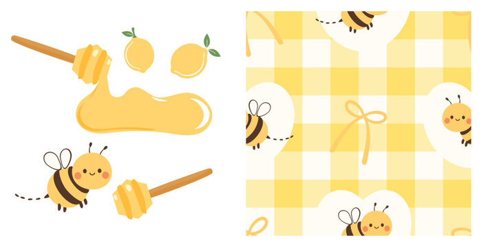 Cute bee honey lemon and gingham seamless pattern pastel yellow sweet background design