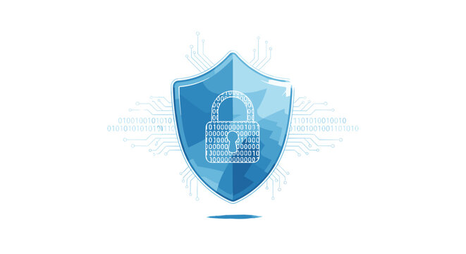 A stylized blue security shield features a central padlock icon meticulously crafted from white binary digits and surrounded by intricate circuit board lines.