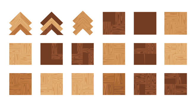 Meticulous collection of diverse wooden parquet flooring samples featuring intricate herringbone and square tile patterns displayed against a clean white background.