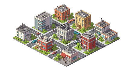 Obraz premium A meticulous isometric city block showcases a variety of urban buildings and colorful cars navigating clean streets surrounded by lush green garden trees.
