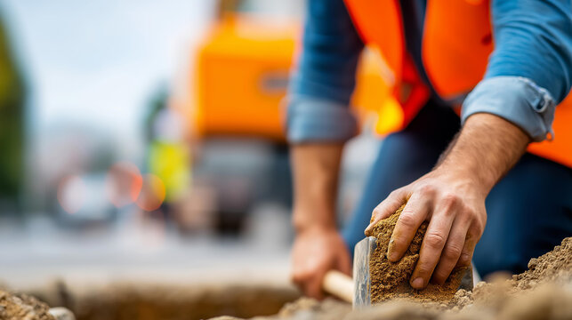 Faceless man in a high-visibility vest digging a hole in the ground at a construction site. Defocused site background. High vis vest, ground digging, construction site, earth