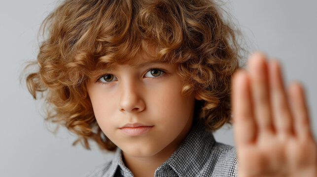Young boy with curly hair making a stop gesture with his hand showcasing a serious and determined expression on a plain background. Stop gesture boy, serious expression, curly