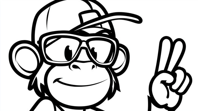 Funny monkey character in a cap and glasses making a peace sign gesture in a black and white line art illustration for a coloring book. Monkey peace sign, line art, coloring book,