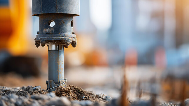 Heavy drill auger digging into soil and rocks on a construction site, extracting earth for foundation analysis and geotechnical testing. Defocused site background. Heavy auger,