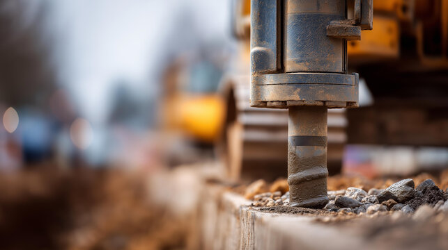 Heavy drill auger digging into soil and rocks on a construction site, extracting earth for foundation analysis and geotechnical testing. Defocused site background. Heavy auger,