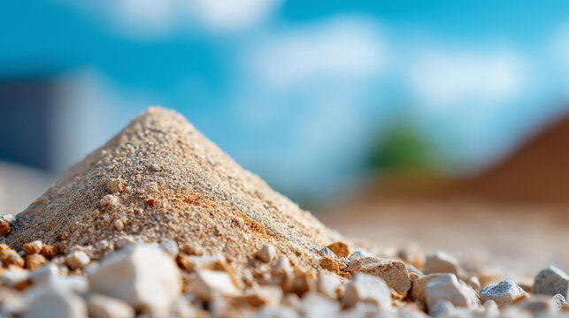 Aerial view of a pile of sand, rock, and gravel in a concrete plant with sky background. Heap of aggregate material from a quarry for mixing with cement and concrete for