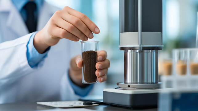 Faceless geotechnical engineers testing a soil sample with a compaction apparatus in a professional laboratory setting. Defocused lab background. Compaction test, soil sample lab,