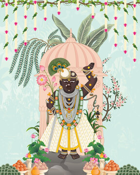 Traditional Indian Shrinathji or Lord Krishna as Pichwai folk painting