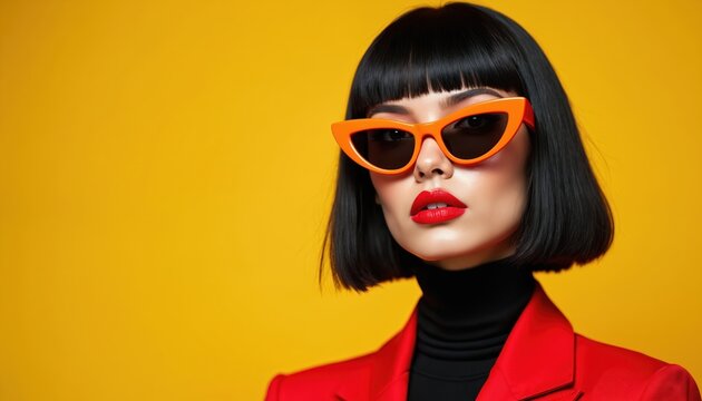 Woman with blunt black bob and bold red lips wears sunglasses and red jacket. She poses against a vibrant yellow studio backdrop, radiating modern confidence and style.