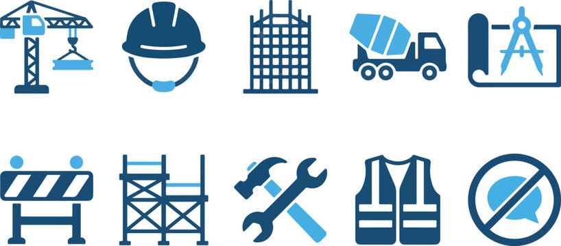 Construction icons including crane, hard hat, and tools