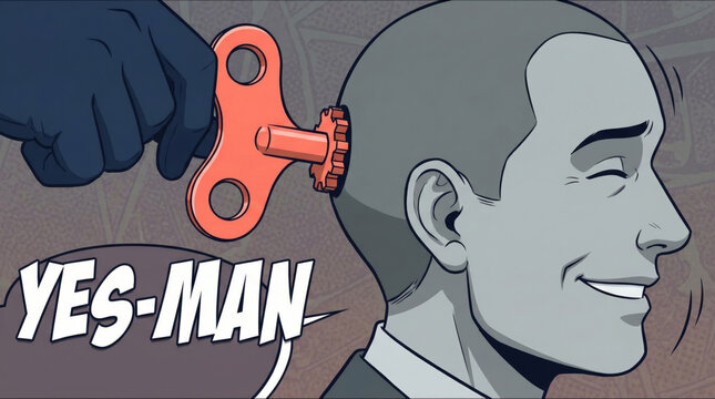 Comic pop art illustration of a smiling windup yes man with a key in his head for business manipulation concept and corporate mind control psychology design