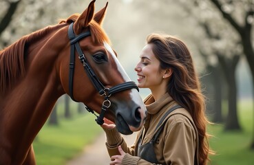 Obraz premium Young woman gently touches chestnut horse head. Person and equine share tender moment near trees. Female owner smiles enjoying outdoor country life with pet mammal.