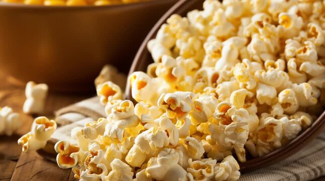 A bowl of freshly popped popcorn spills out onto a wooden table in a cozy video setting.
