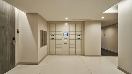 Modern smart parcel locker system in bright office hallway interior with digital touch screen for secure package pickup © swillklitch