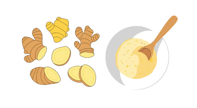 Several fresh brown ginger rhizomes and round yellow slices are displayed next to a white ceramic bowl filled with smooth ginger paste and a spoon.