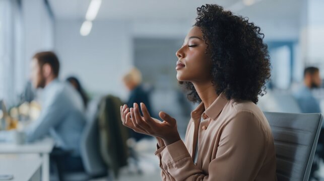 Young female employee meditating at work to reduce stress in busy open plan office