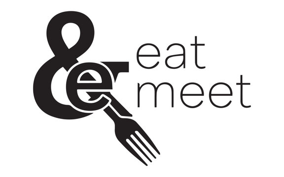 Modern eat & meet logo vector illustration with fork and amp symbol