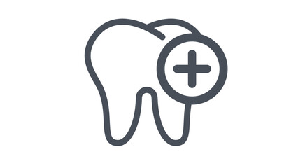 Minimalist black line art vector icon of a human tooth with a medical plus sign symbol in a circle, representing dental care, dentistry, oral health, and tooth protection, isolated illustration. © Shahbaz