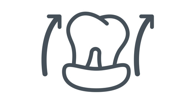 Dental Tooth Extraction Vector Icon Illustration. Minimalist Black Line Symbol of a Molar Being Removed from the Gum with Upward Arrows, Representing Oral Surgery and Dentistry Procedures.