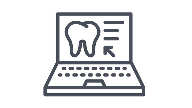Online dental appointment and teledentistry vector icon. Laptop computer showing a tooth on the screen with a cursor arrow and text lines. Minimalist black line illustration for dental health.