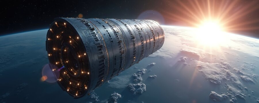 Massive orbital data center spins above Earth. Futuristic cylinder station collects solar power. Sun flares illuminate planet and spacecraft in deep space.