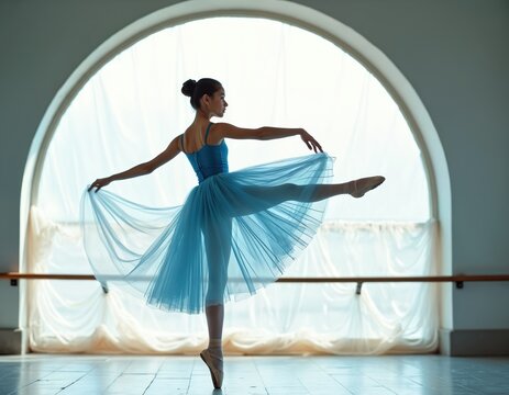 Young ballerina in blue tutu pirouettes gracefully indoors near large arched window. Elegant dancer practices ballet moves in studio with soft daylight. Girl balances on pointe shoes in graceful pose.