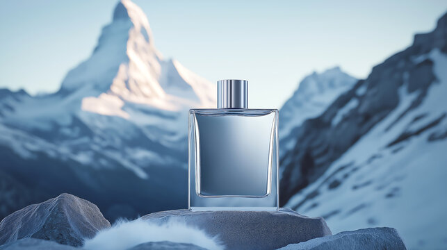 Glass perfume bottle with metal lid on cold snowy mountains