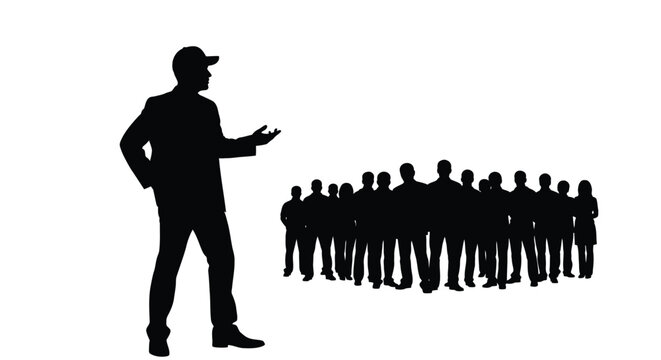 Professional business leader giving an informative presentation to a diverse group of attentive listening employees