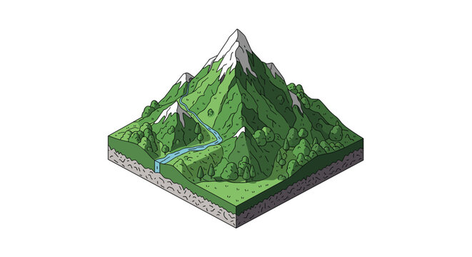A solitary green isometric mountain peak capped with pristine white snow features a delicate waterfall cascading into a narrow blue river at its base.