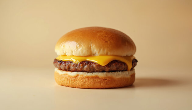 Classic cheeseburger with melted cheese rests on plain surface. A simple meat patty in soft bun makes good meal. Perfect food photo for menus advertisements and recipe sites.