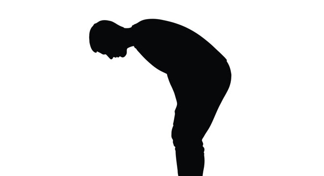Minimalist vector graphic illustration featuring a male silhouette bowing in a formal and respectful gesture