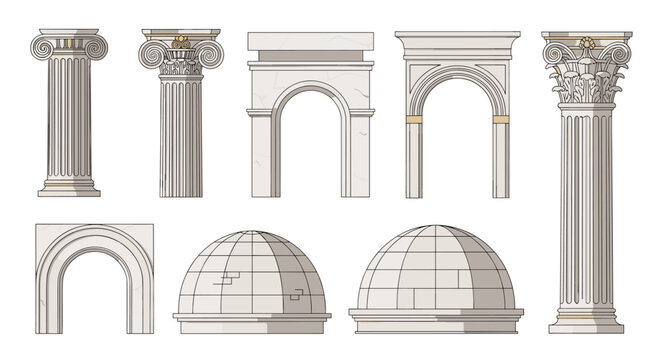 A comprehensive set of detailed architectural elements including ornate columns and stone domes is meticulously rendered in a clean grey and white style.