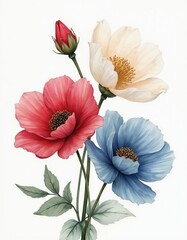 Fototapeta premium Three watercolor flowers red blue ivory with gold details and bud. Delicate petals and green leaves on white background. Elegant botanical art for design.