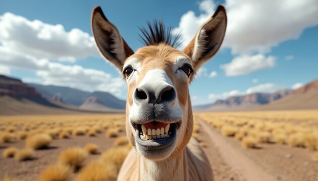 Wild equid animal with funny grin and visible teeth looks directly at camera. Portrait of a happy, smiling donkey or horse in desert landscape under blue sky.